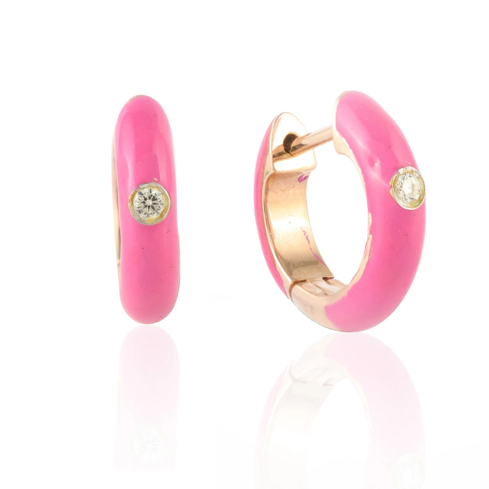 Natural Diamond 14K Solid Yellow Gold Pink Enamel Hoop Earring