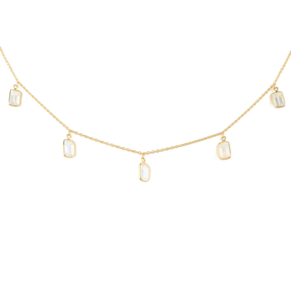 Minimalist Jewelry Natural Rainbow Moonstone 18K Solid Yellow Gold Long Chain Necklace