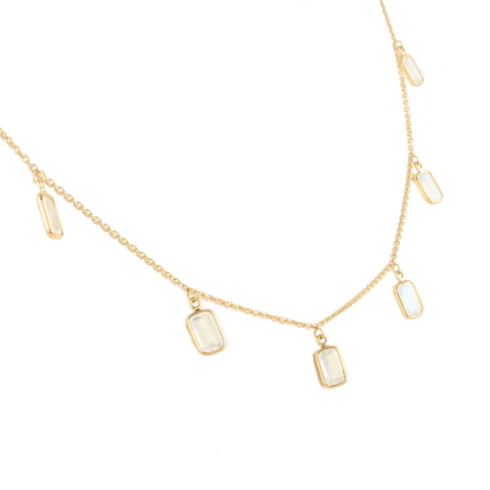 Minimalist Jewelry Natural Rainbow Moonstone 18K Solid Yellow Gold Long Chain Necklace