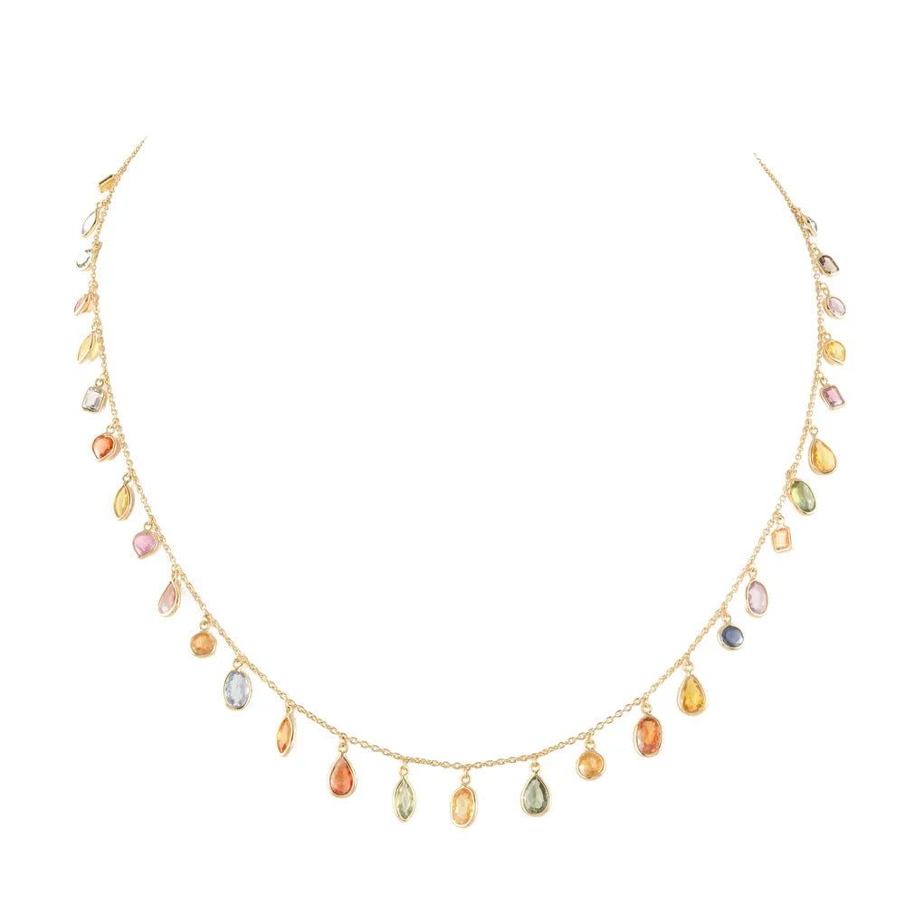 18K Solid Yellow Gold Genuine Precious Gemstone Multi Sapphire Long Chain Adjustable Necklace