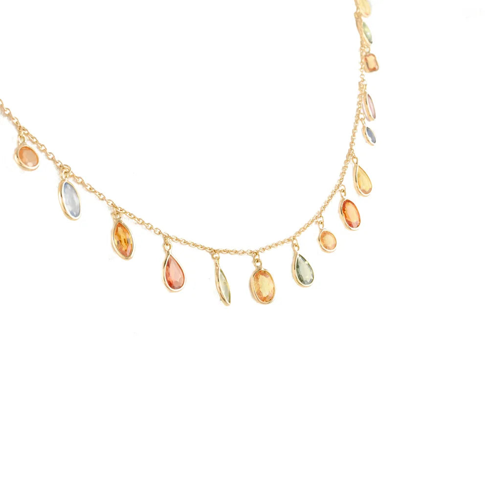 18K Solid Yellow Gold Genuine Precious Gemstone Multi Sapphire Long Chain Adjustable Necklace