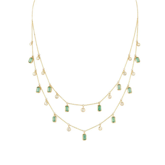 Natural Precious Gemstone Emerald & Diamond 18K Solid Yellow Gold Double Long Chain Necklace