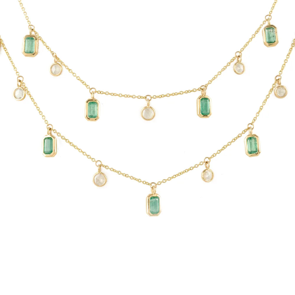 Natural Precious Gemstone Emerald & Diamond 18K Solid Yellow Gold Double Long Chain Necklace