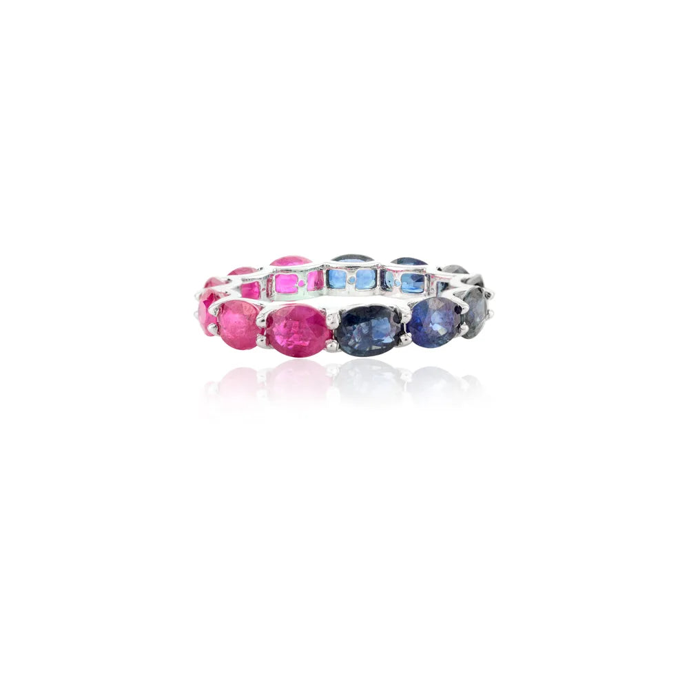 Handcrafted Blue Sapphire & Ruby 14K White Gold Full Eternity Band Ring