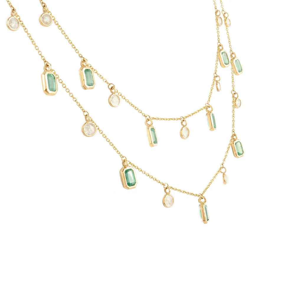 Natural Precious Gemstone Emerald & Diamond 18K Solid Yellow Gold Double Long Chain Necklace