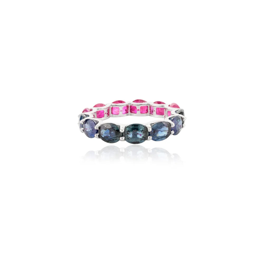 Handcrafted Blue Sapphire & Ruby 14K White Gold Full Eternity Band Ring