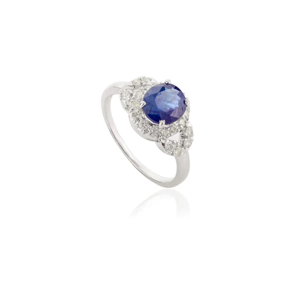 Birthstone Jewelry 14K Solid White Gold Blue Sapphire & Diamond Designer Ring