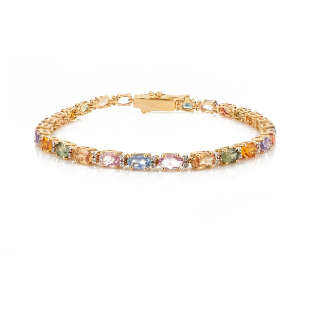 Multi Gemstone & Diamond Solid 14K Yellow Gold Handmade Tennis Bracelet