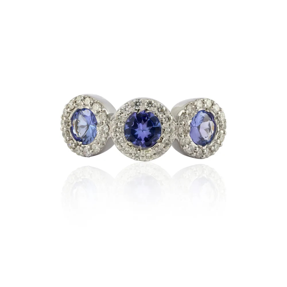 Handmade Natural Tanzanite & Diamond 14K Solid White Gold Statement Ring