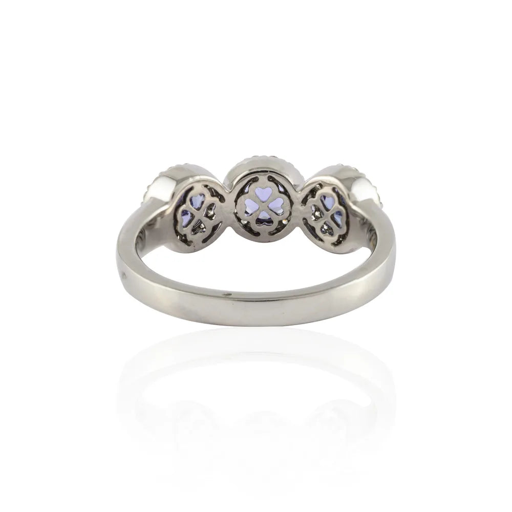 Handmade Natural Tanzanite & Diamond 14K Solid White Gold Statement Ring