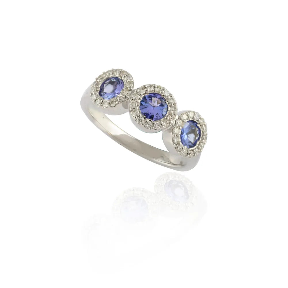 Handmade Natural Tanzanite & Diamond 14K Solid White Gold Statement Ring