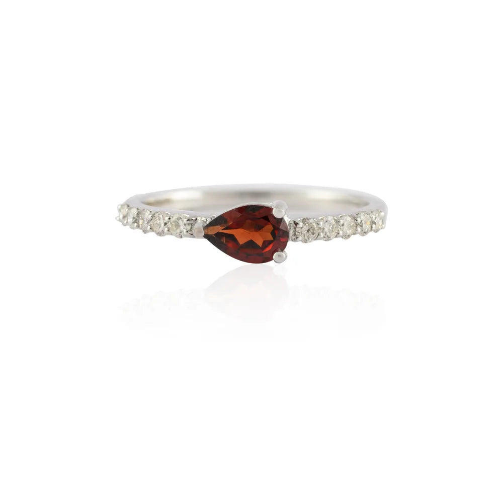 Minimalist Jewelry Natural Garnet & Diamond 14K Solid White Gold Ring