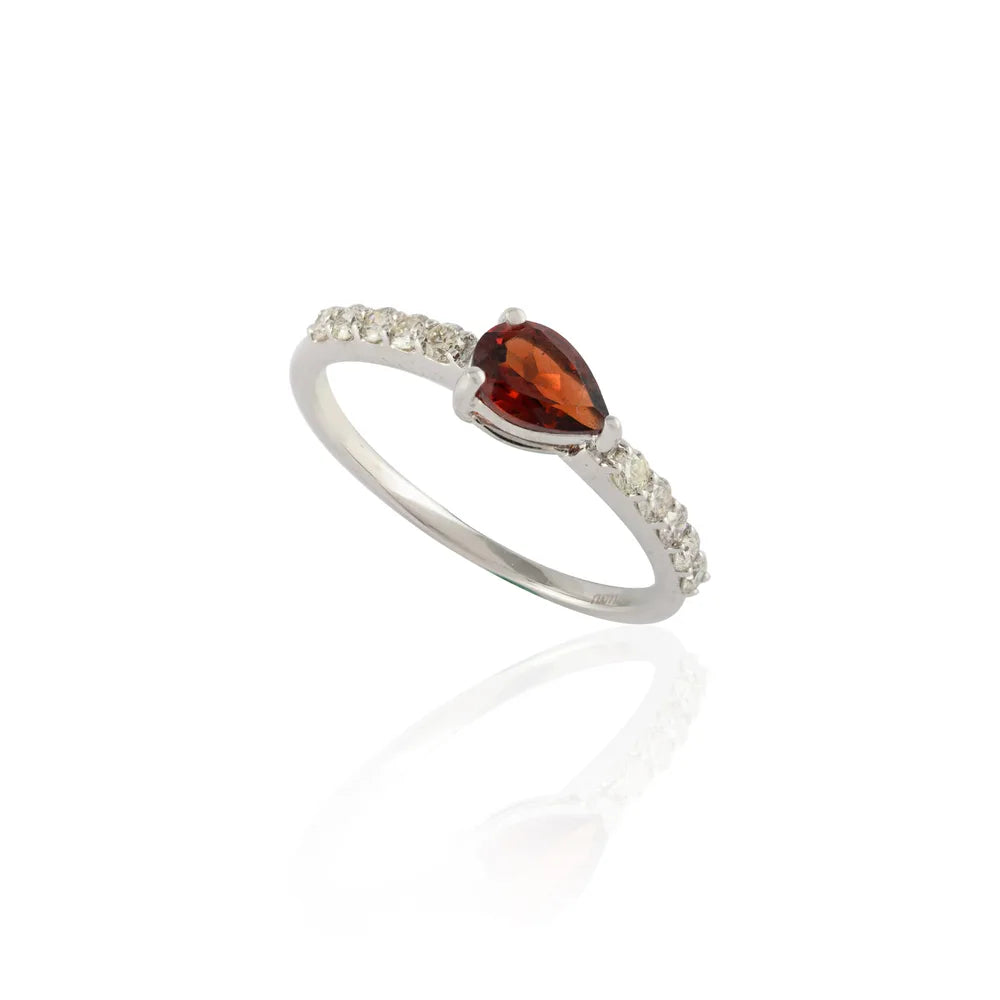 Minimalist Jewelry Natural Garnet & Diamond 14K Solid White Gold Ring