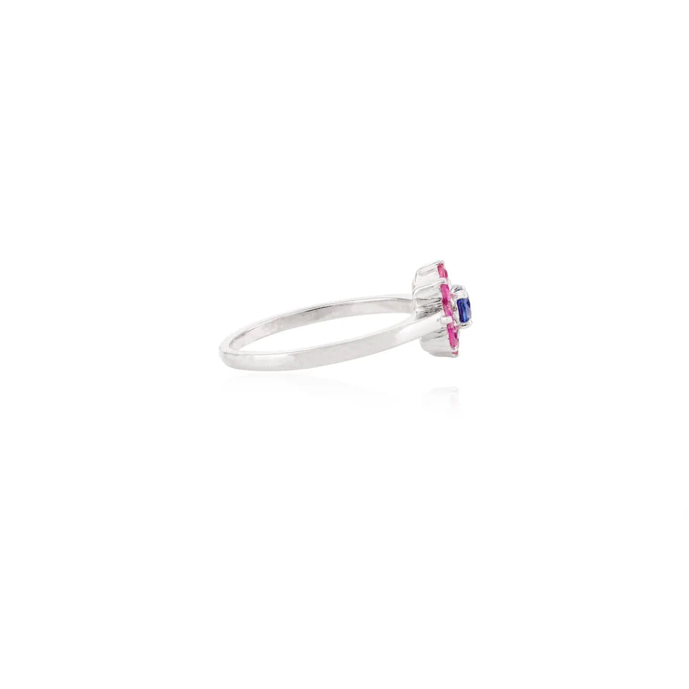 Precious Gemstone Natural Ruby & Blue Sapphire 14K White Gold Flower Ring