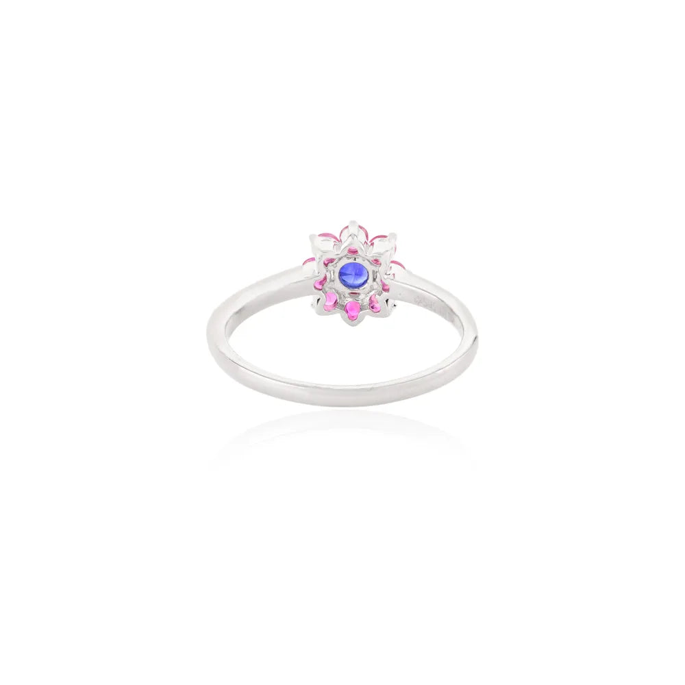 Precious Gemstone Natural Ruby & Blue Sapphire 14K White Gold Flower Ring