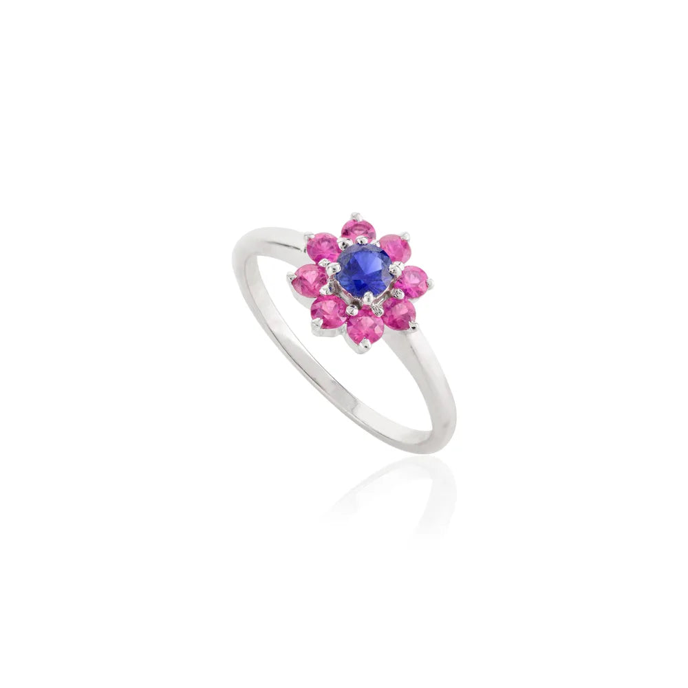 Precious Gemstone Natural Ruby & Blue Sapphire 14K White Gold Flower Ring