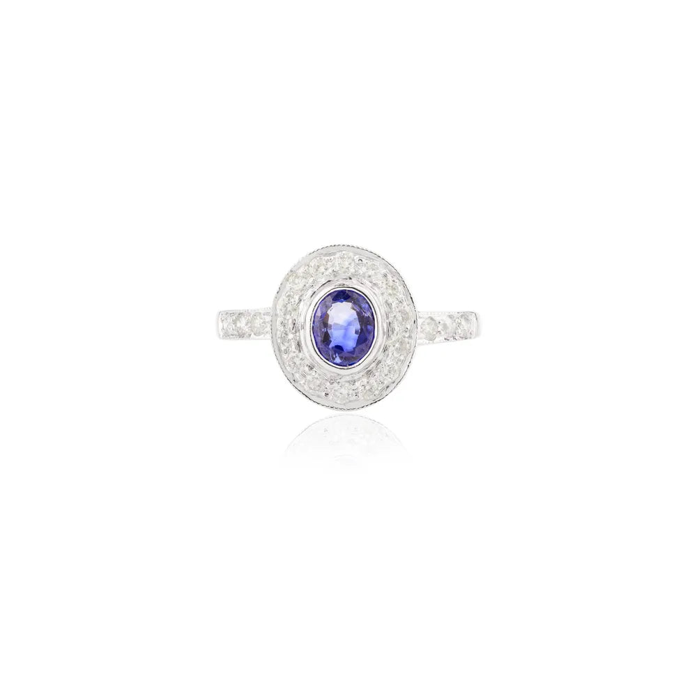 Precious Gemstone Jewelry 14K Solid White Gold Sapphire & Diamond Halo Ring