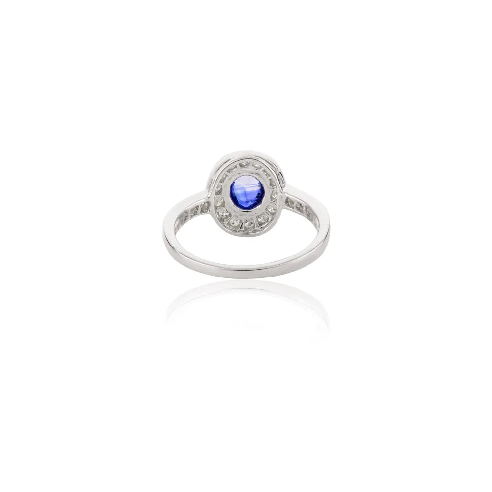 Precious Gemstone Jewelry 14K Solid White Gold Sapphire & Diamond Halo Ring