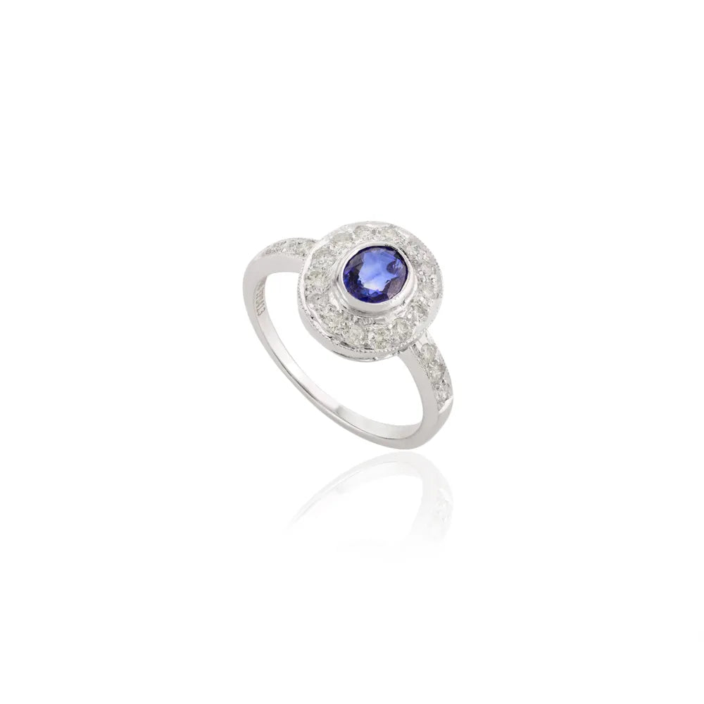 Precious Gemstone Jewelry 14K Solid White Gold Sapphire & Diamond Halo Ring