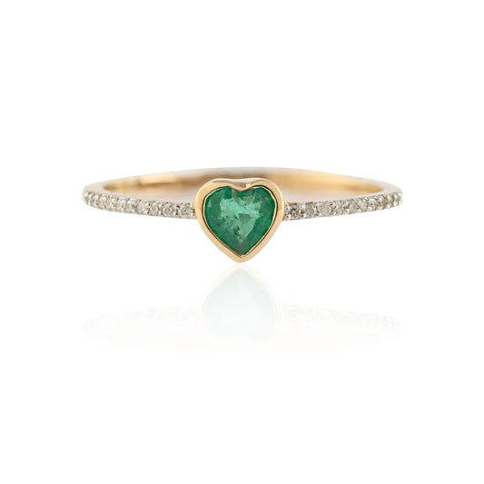 Natural Heart Shape Emerald & Diamond 14K Solid Yellow Gold Minimal Ring