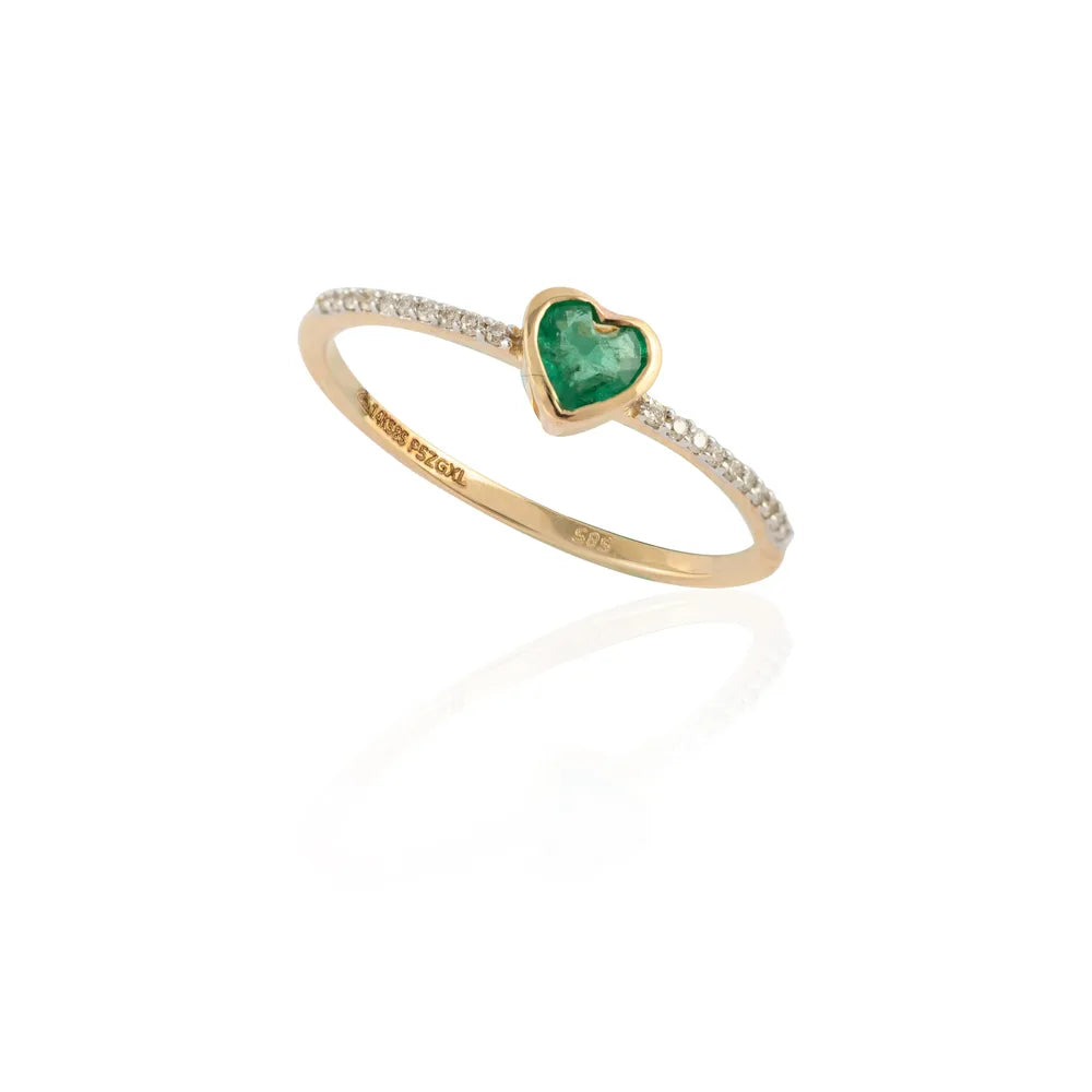 Natural Heart Shape Emerald & Diamond 14K Solid Yellow Gold Minimal Ring