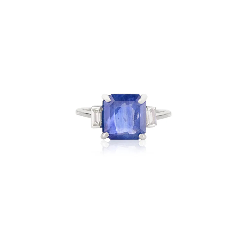 Precious Gemstone Natural Blue Sapphire & Diamond 14K White Gold Ring