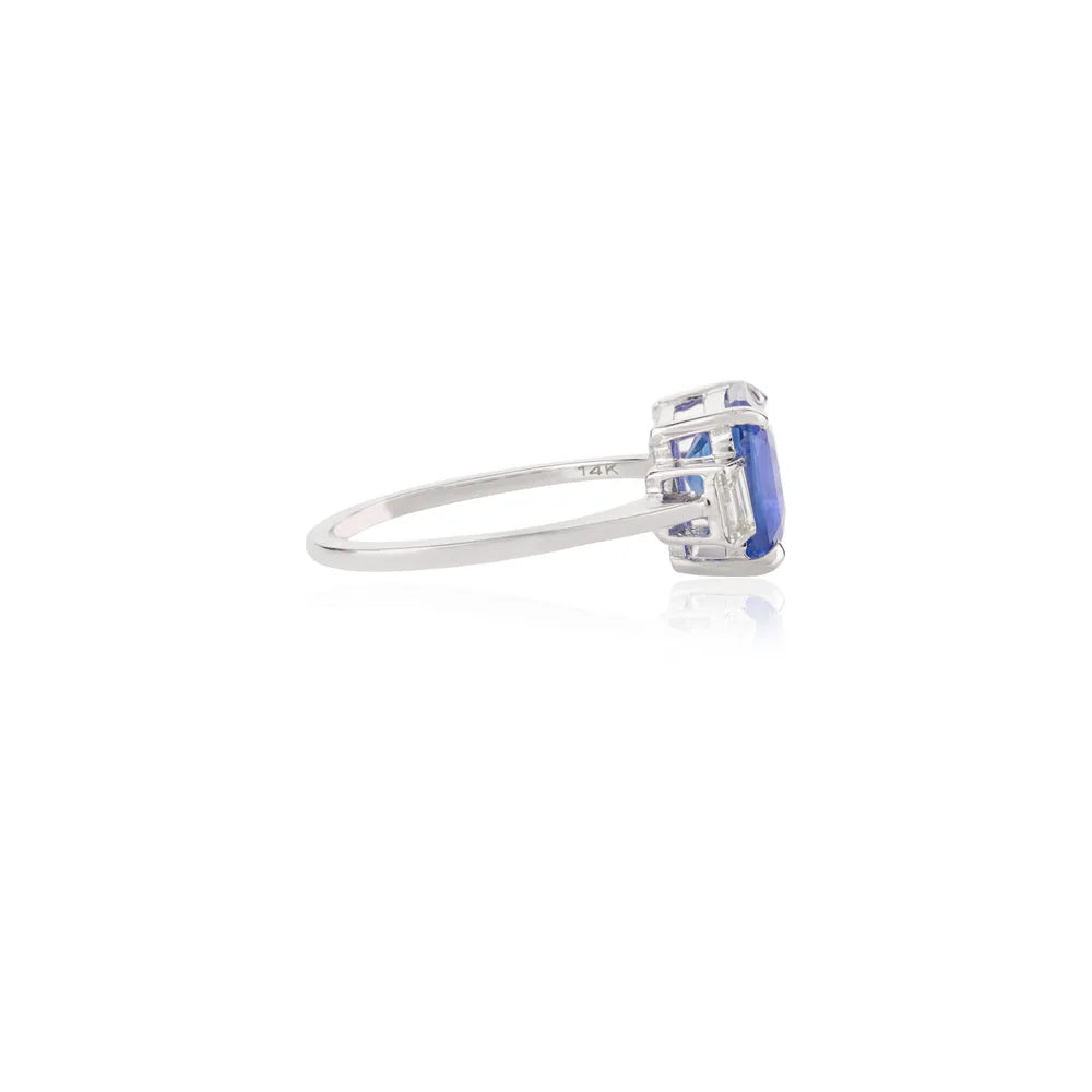 Precious Gemstone Natural Blue Sapphire & Diamond 14K White Gold Ring