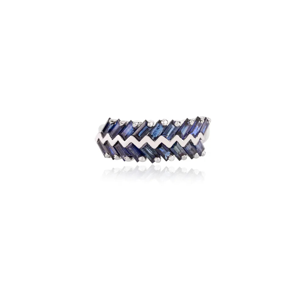 Handcrafted Natural Blue Sapphire & Diamond 14K White Gold Zig Zag Band Ring