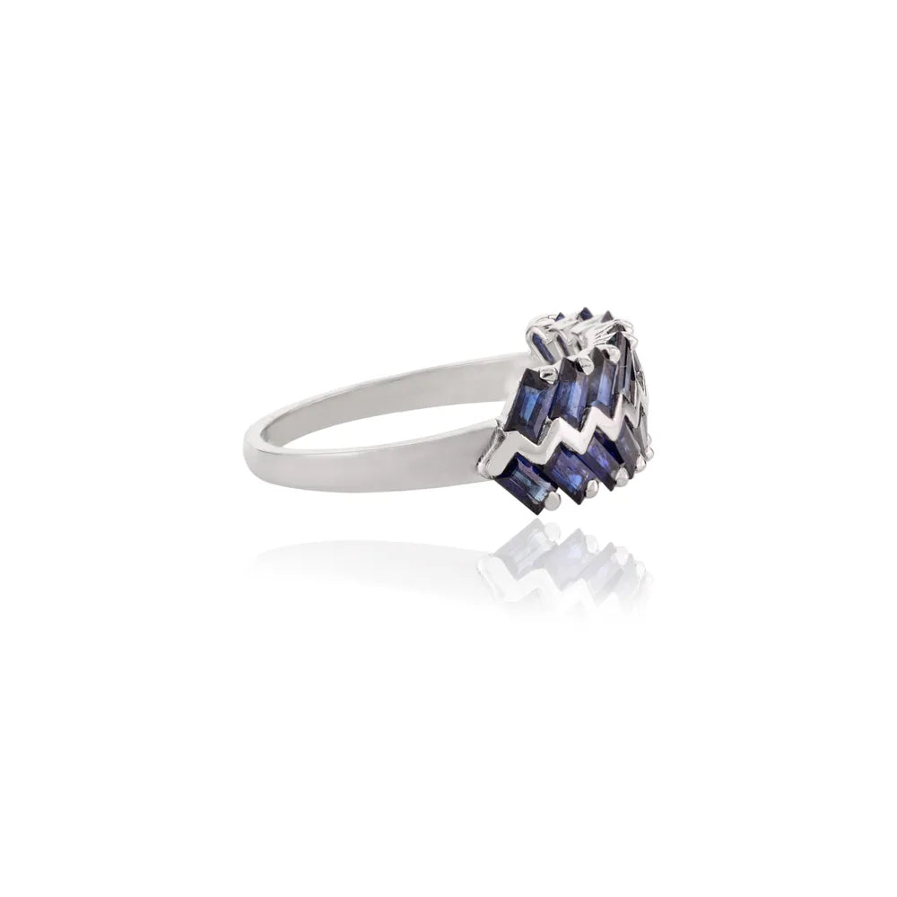 Handcrafted Natural Blue Sapphire & Diamond 14K White Gold Zig Zag Band Ring