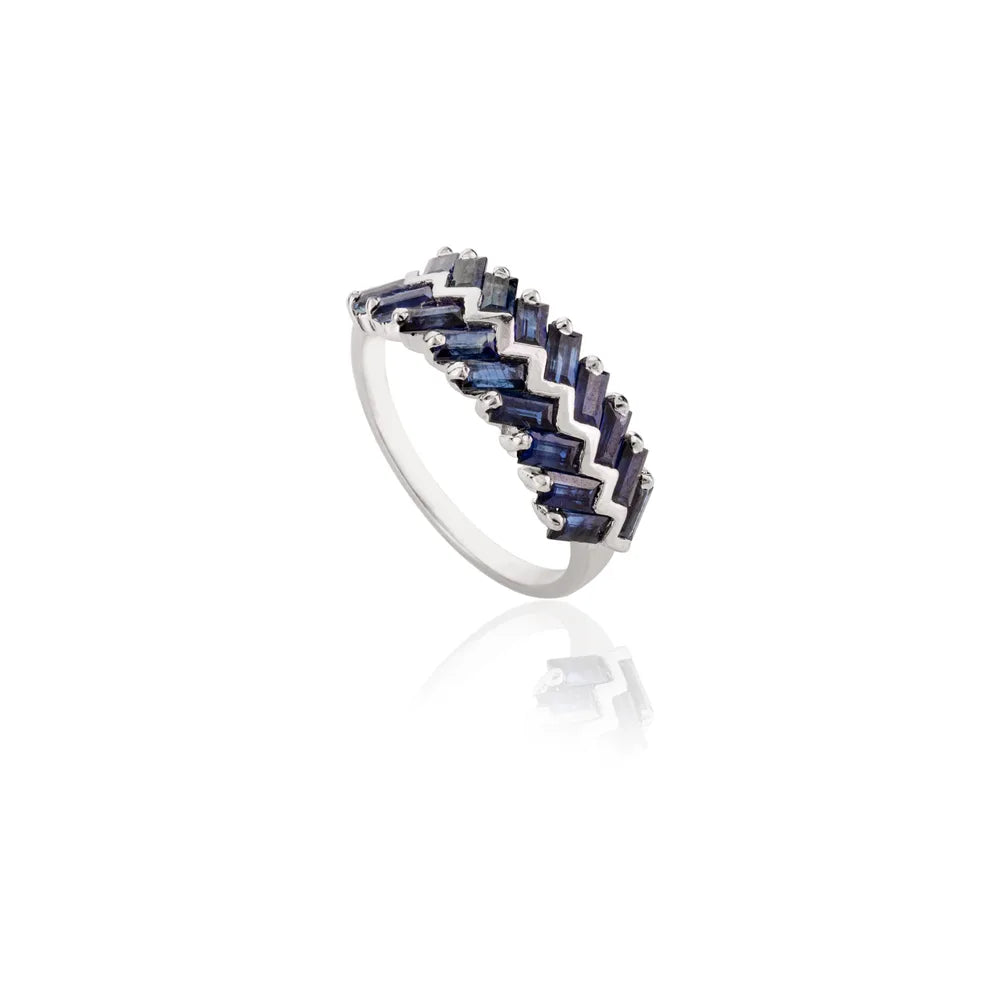 Handcrafted Natural Blue Sapphire & Diamond 14K White Gold Zig Zag Band Ring