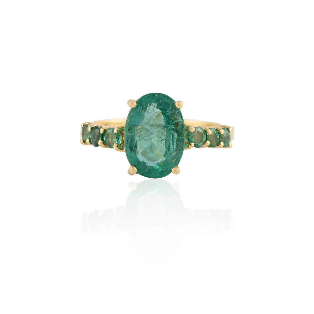 Handmade Jewelry Natural Emerald 14K Solid Yellow Gold Statement Ring