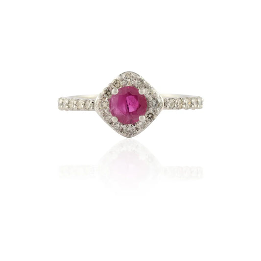 Minimal Jewelry Natural Ruby & Diamond 14K Fine White Gold Charm Ring