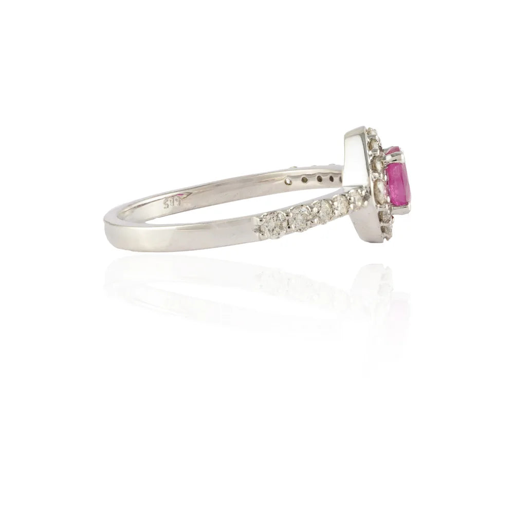 Minimal Jewelry Natural Ruby & Diamond 14K Fine White Gold Charm Ring