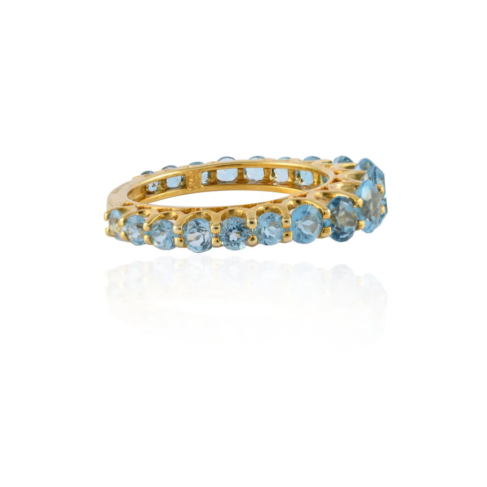 Handmade Jewelry Natural Blue Topaz 14K Solid Yellow Gold Half Eternity Band Ring