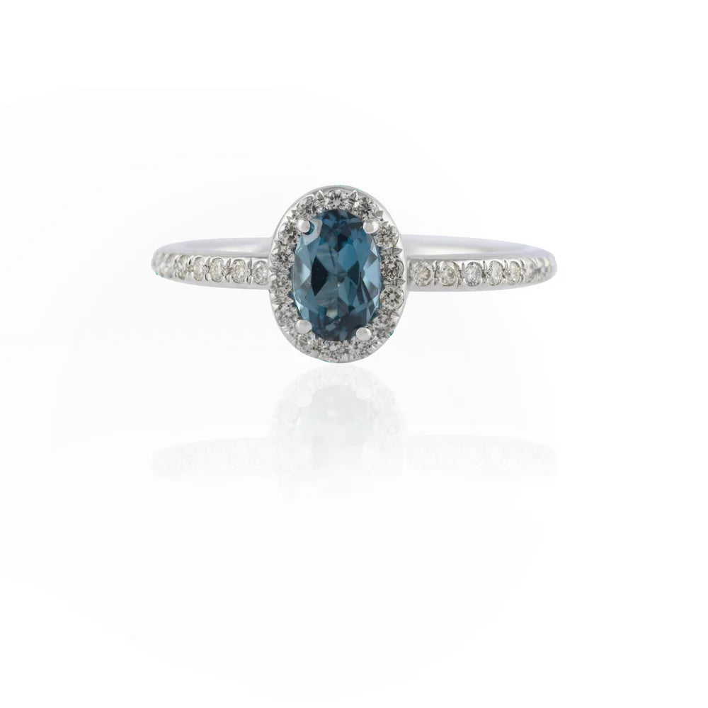 Natural Semi Precious Gemstone Blue Topaz & Diamond 14K White Gold Minimal Ring