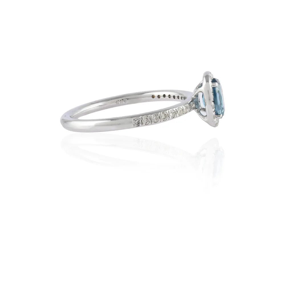 Natural Semi Precious Gemstone Blue Topaz & Diamond 14K White Gold Minimal Ring