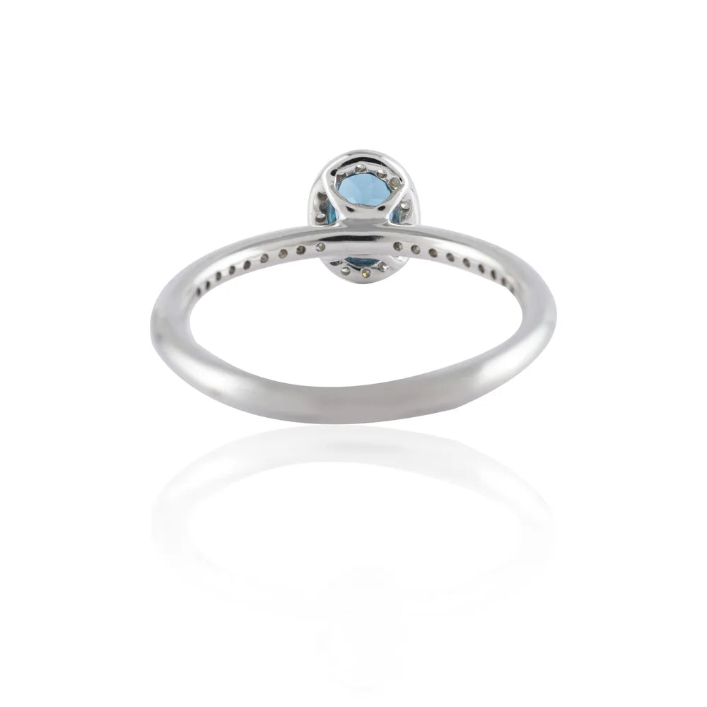 Natural Semi Precious Gemstone Blue Topaz & Diamond 14K White Gold Minimal Ring