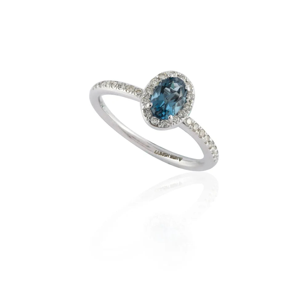 Natural Semi Precious Gemstone Blue Topaz & Diamond 14K White Gold Minimal Ring