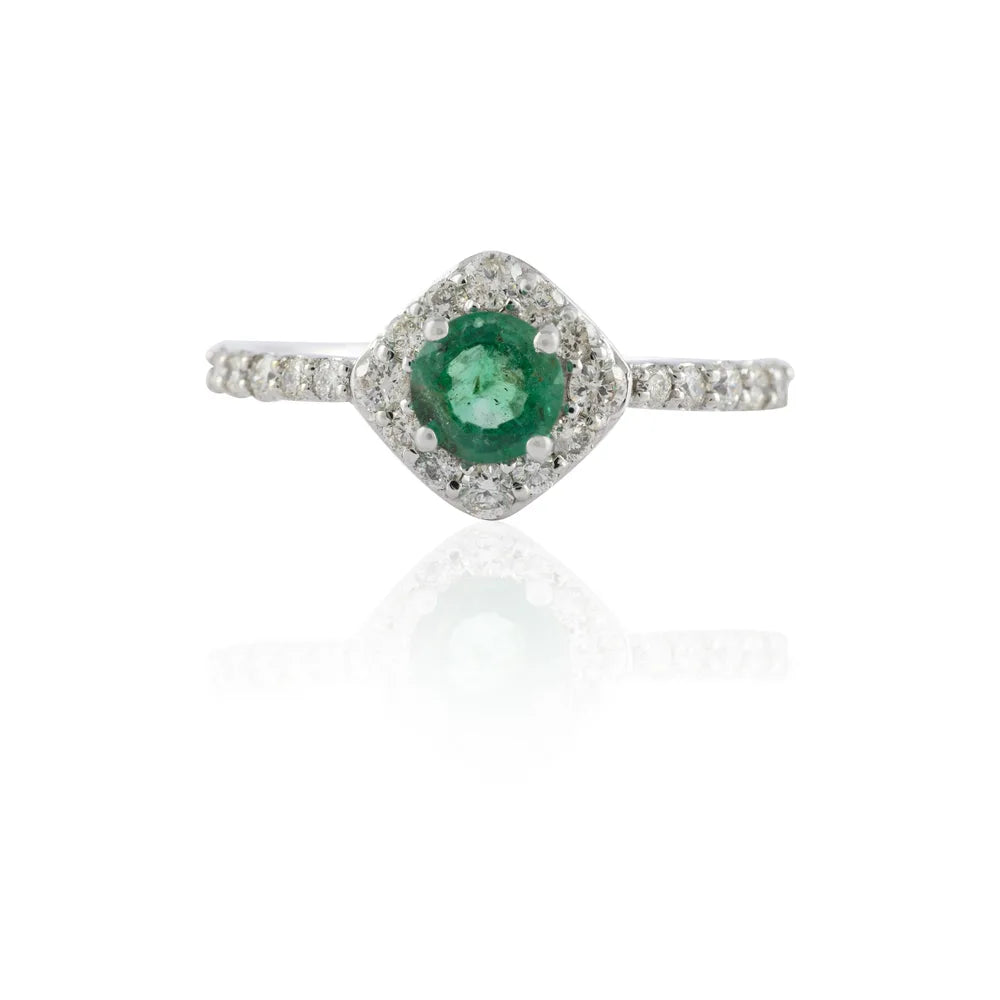 Fine Jewelry Natural Emerald & Diamond 14k Solid White Gold Gemstone Ring