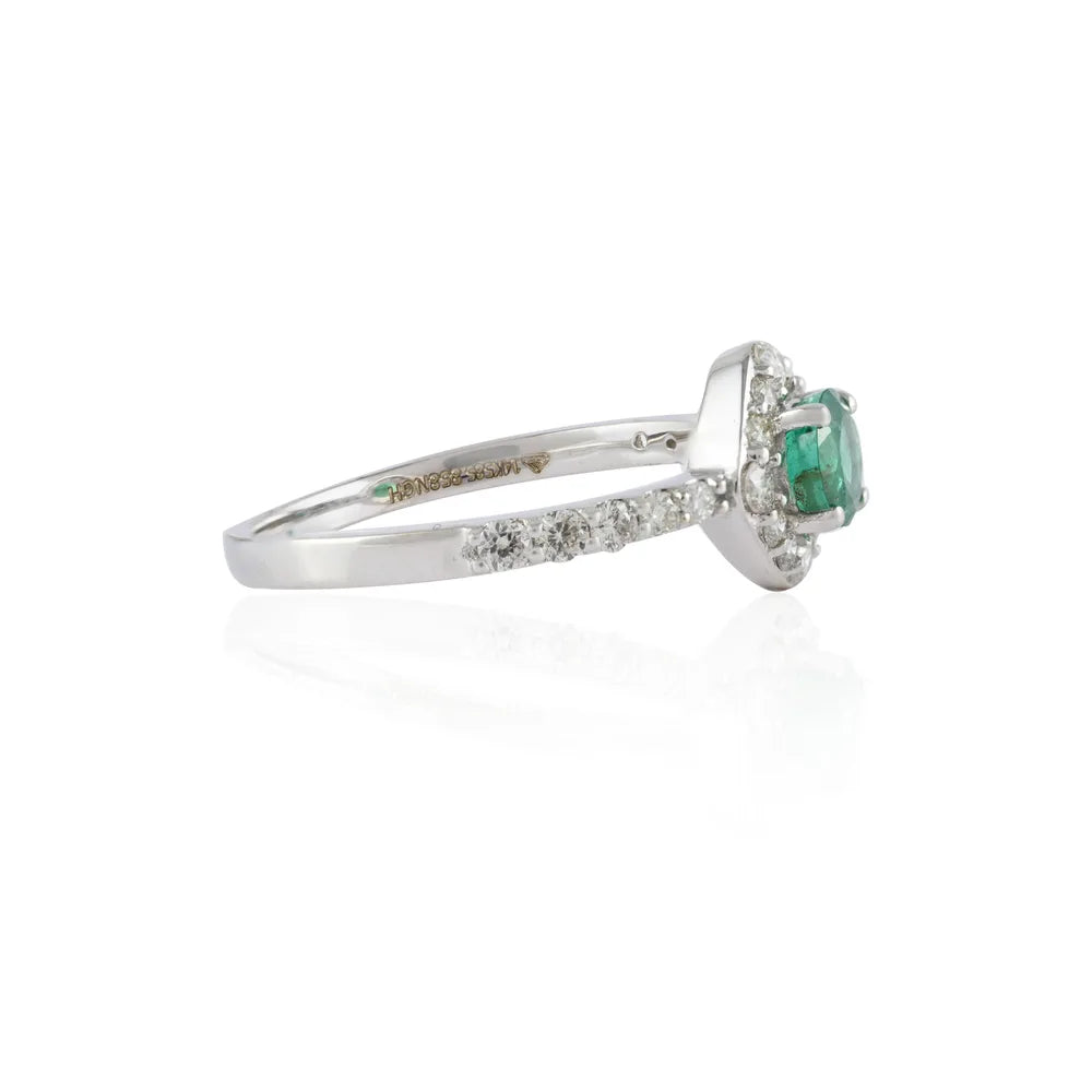 Fine Jewelry Natural Emerald & Diamond 14k Solid White Gold Gemstone Ring