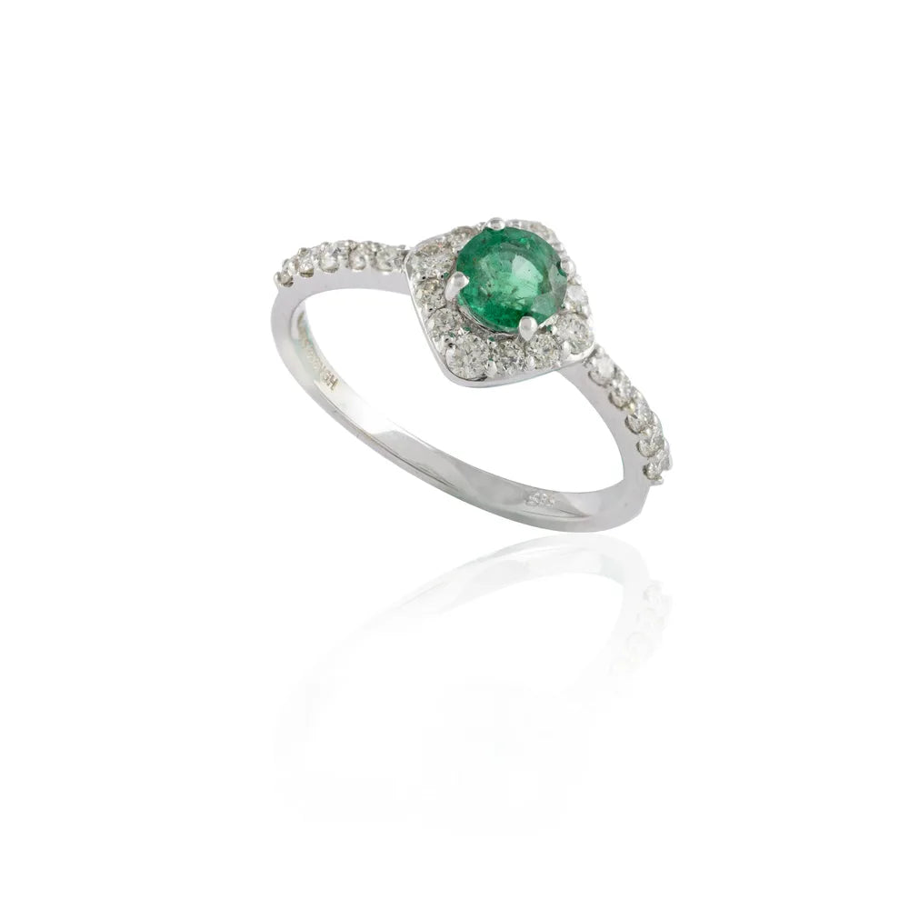 Fine Jewelry Natural Emerald & Diamond 14k Solid White Gold Gemstone Ring