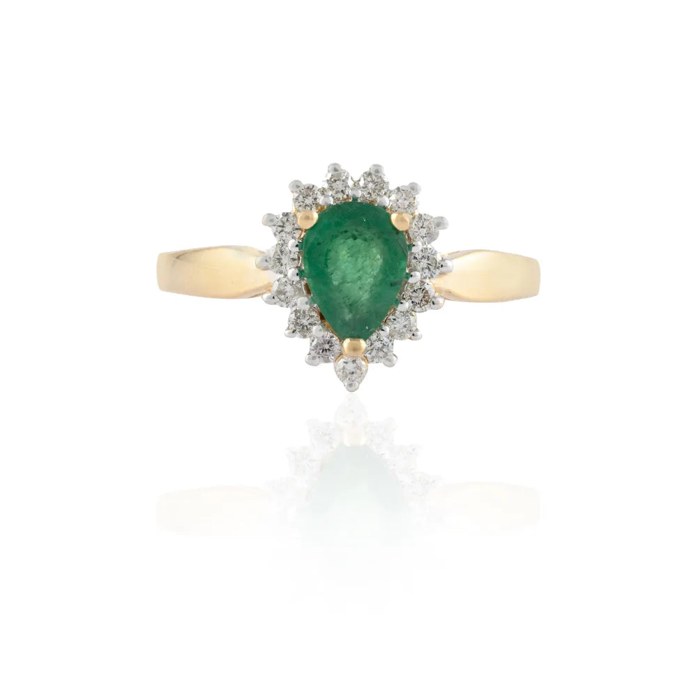 Custom Jewelry 14K Solid Yellow Gold Natural Emerald & Diamond Cluster Ring