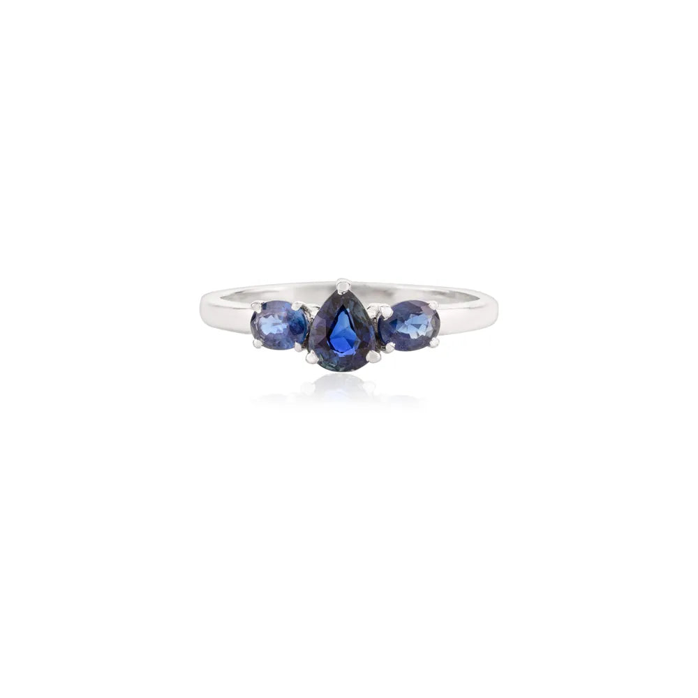 Wholesale Jewelry Blue Sapphire Solid 14K White Gold Three Stone Ring