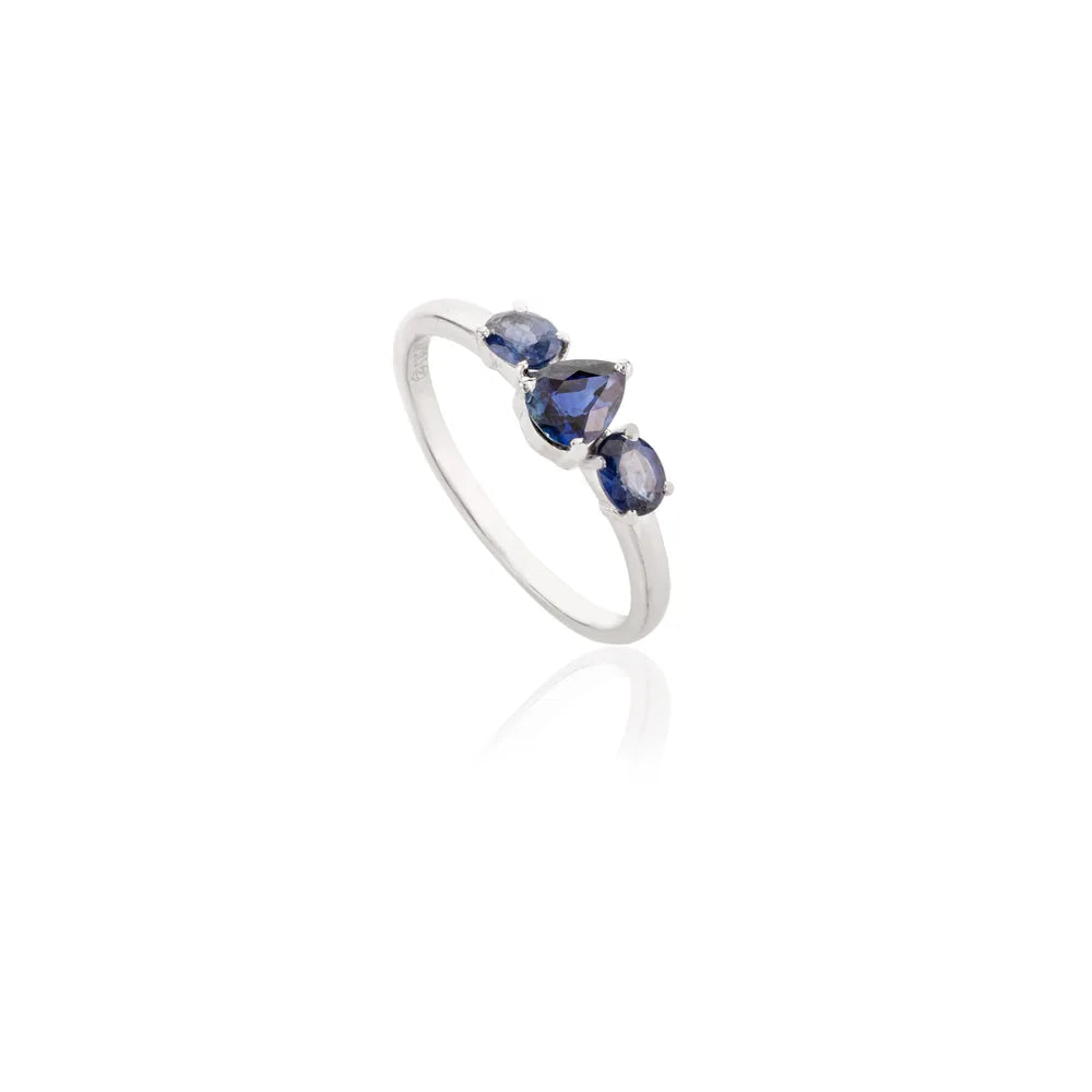 Wholesale Jewelry Blue Sapphire Solid 14K White Gold Three Stone Ring