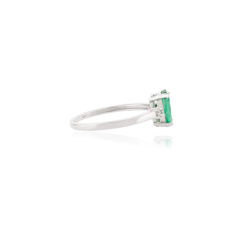 100% Natural Precious Stone Emerald & Diamond 14K White Gold Minimal Ring