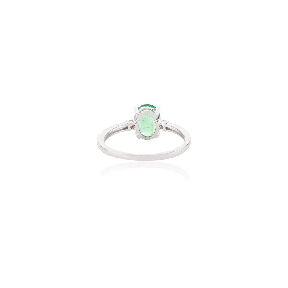 100% Natural Precious Stone Emerald & Diamond 14K White Gold Minimal Ring