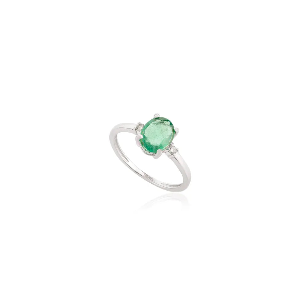 100% Natural Emerald & Diamond 14K Solid White Gold Solitaire Ring Fine Jewelry