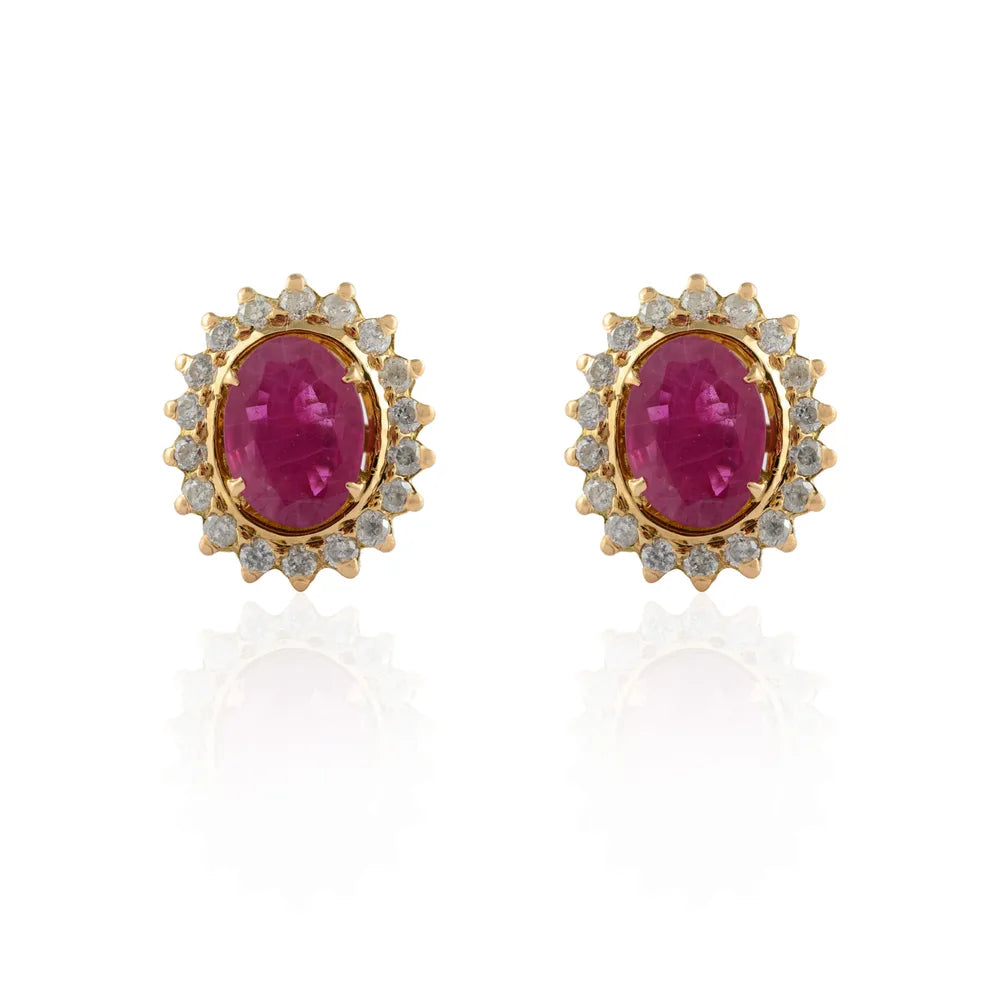 Fashionable Jewelry Natural Ruby & Diamond 14K Fine Yellow Gold Stud Earring