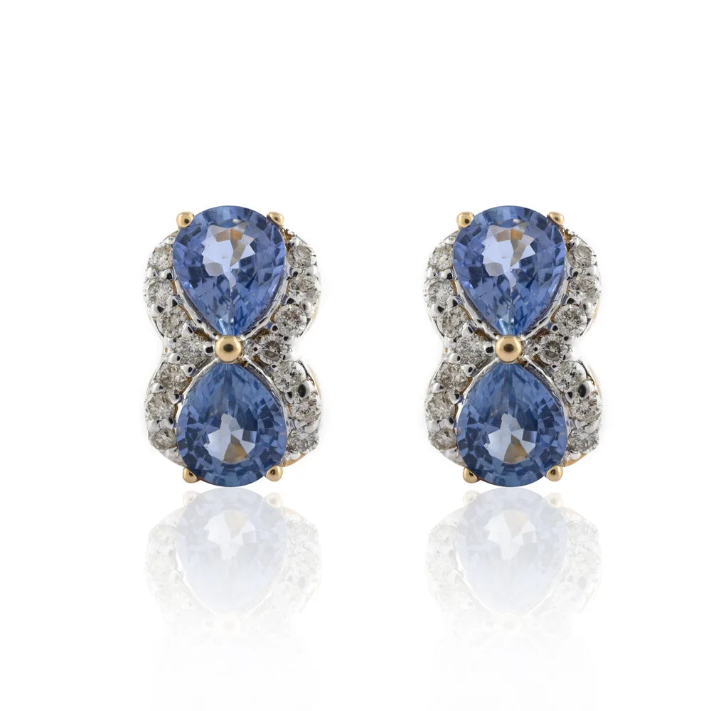 Fashionable Natural Blue Sapphire & Diamond 14K Solid Yellow Gold Stud Earring