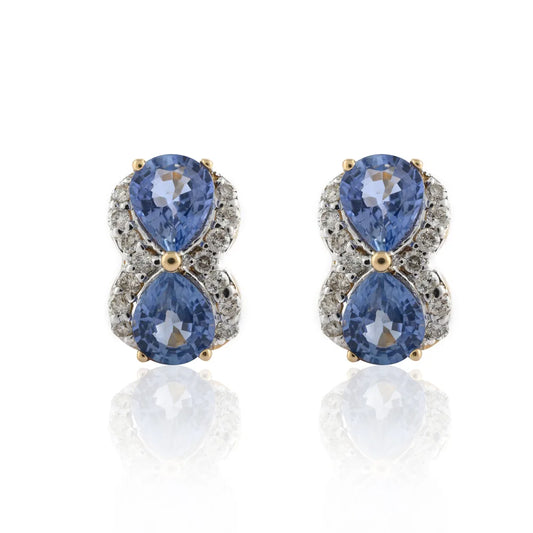 Fashionable Natural Blue Sapphire & Diamond 14K Solid Yellow Gold Stud Earring